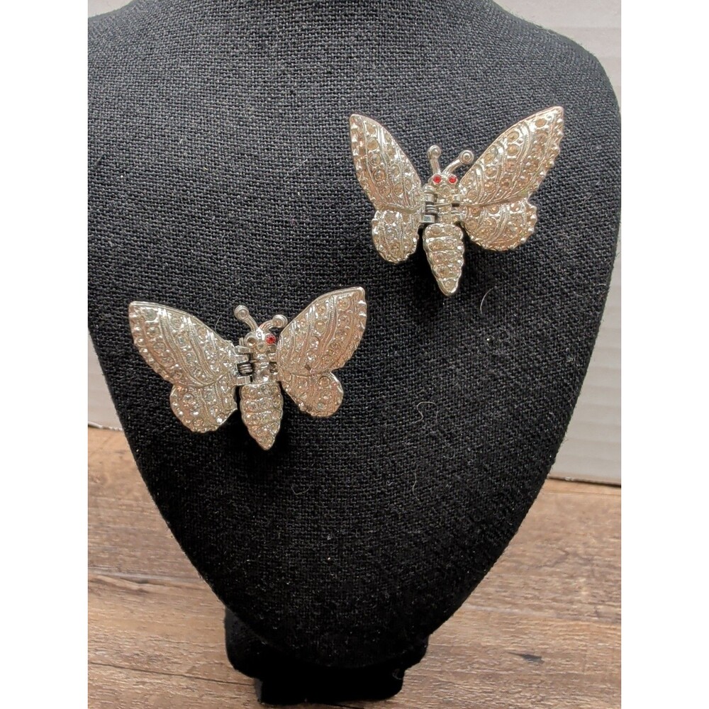 VTG Art Deco Crystal Rhinestone Moth Butterfly Dress Fur Clip Hinged Clips